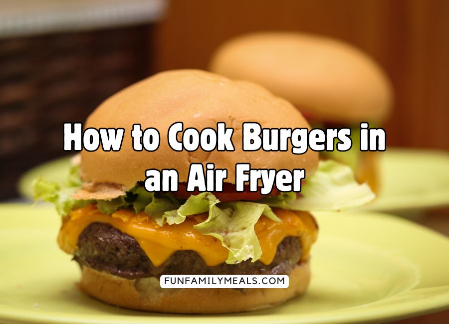 image shows a burger on a plate with title over it