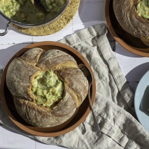broccoli cheddar soup in a sourdough bread bowl