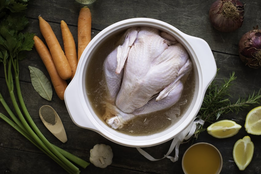 image shows a raw turkey submerged in a pot with brine