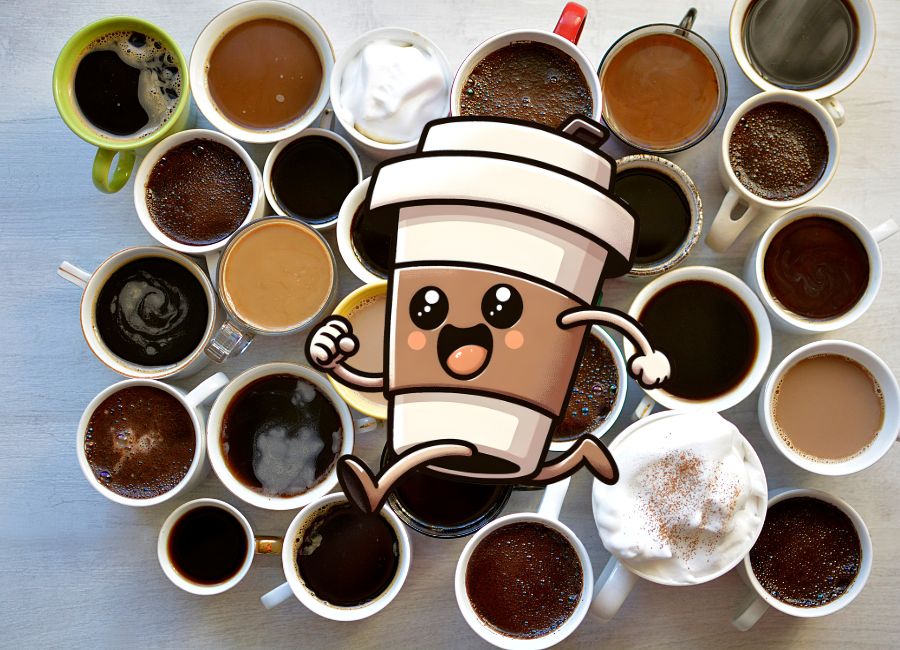 image shows different types of coffee