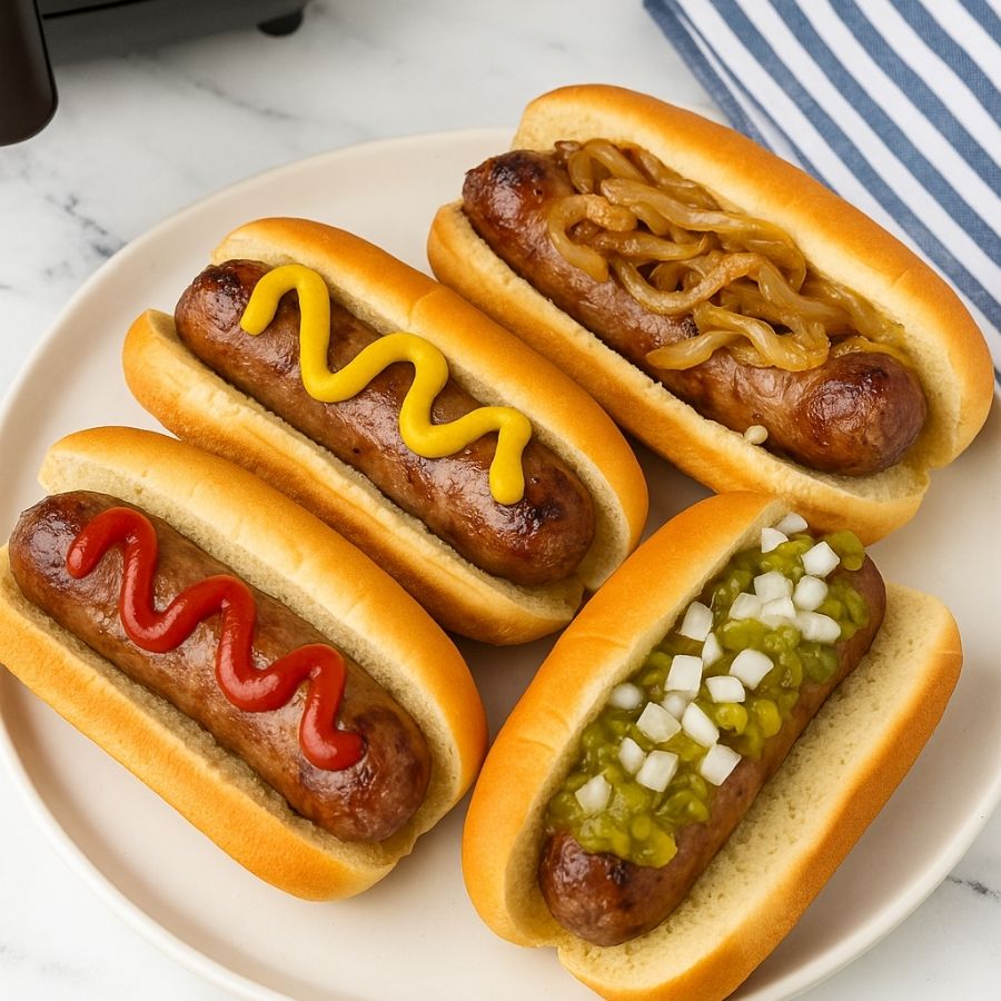 image shows 4 bratwursts on a plate