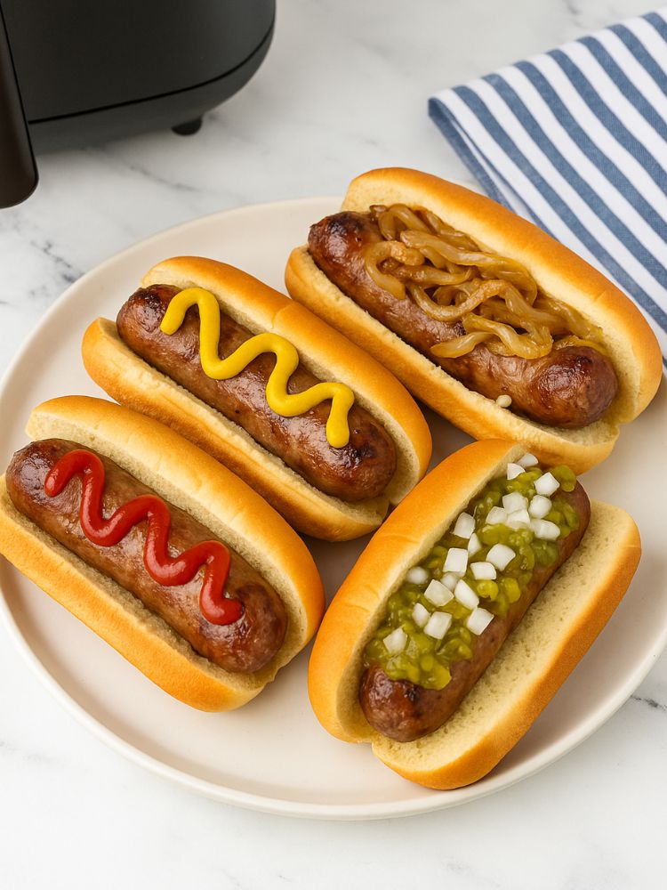 4 cooked brats on a plate with toppings