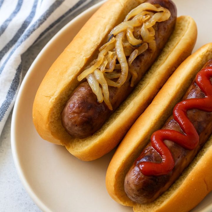 2 cooked brats with toppings on a plate