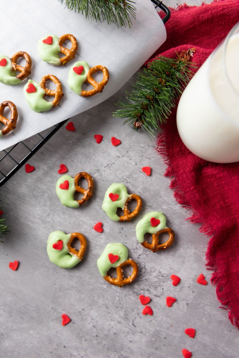 image shows Grinch pretzels on the counter