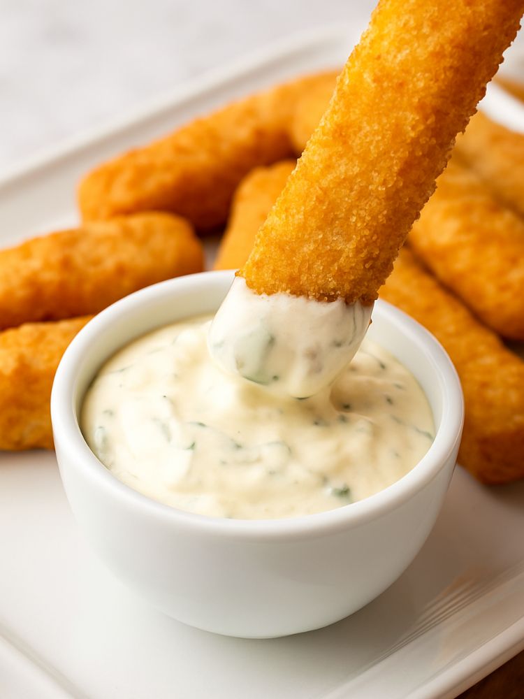 image shows a fish stick being dipped into tarter sauce