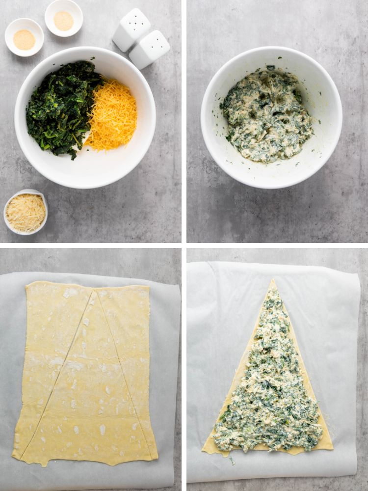 image shows four of the steps needed to make the puff pastry Christmas appetizer