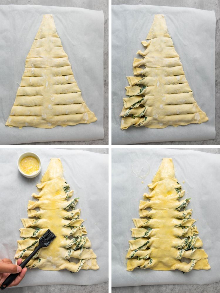 image shows 4 of the steps to make the puff pastry Christmas tree filled with spinach dip